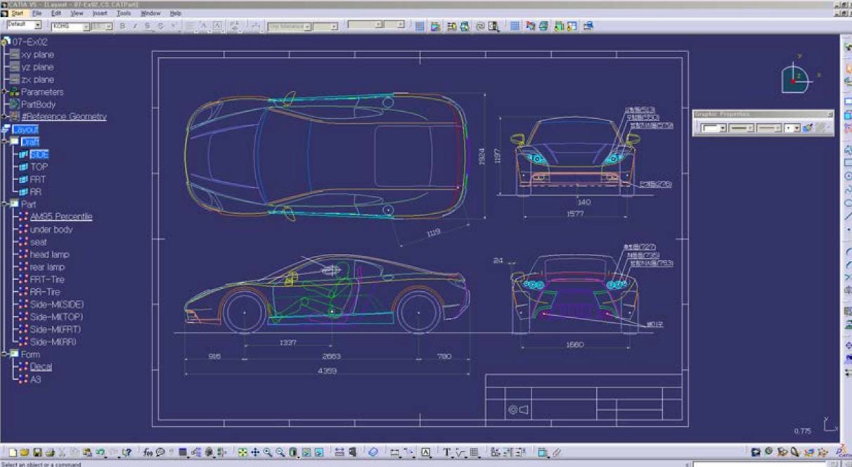 CATIA V5 화면의 차체 도면. 위·옆·앞·뒤 보기와 치수선, 왼쪽에 부품 트리