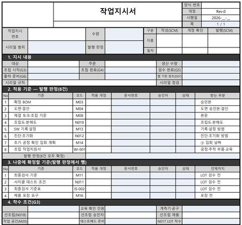 작업지시서 빈 양식. 지시 내용, 적용 기준 8건과 발행 판정, 나중에 확정할 기준, 착수 조건 구획