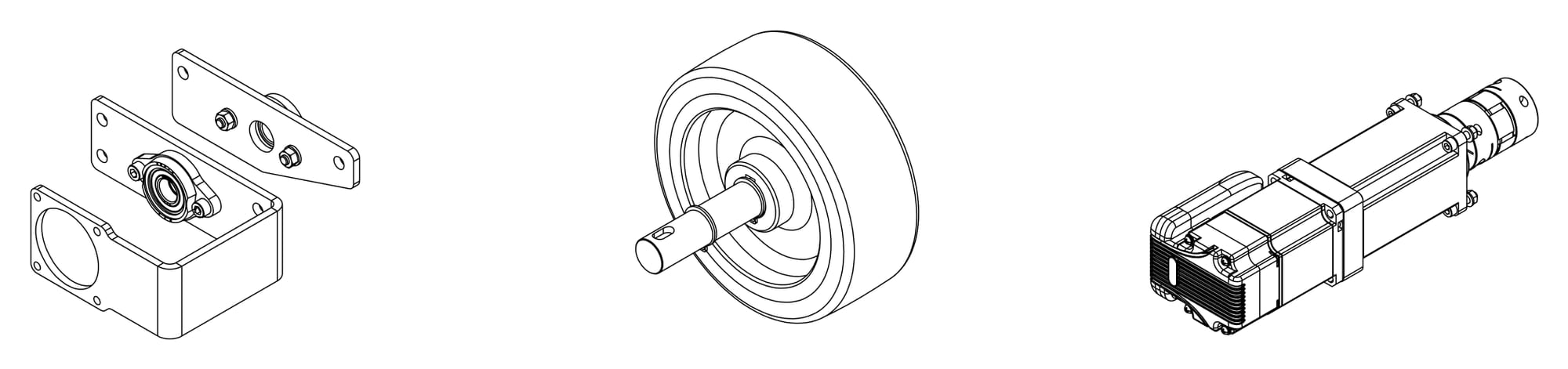 브래킷·플랜지 베어링 묶음, 바퀴·축 묶음, 모터·감속기 묶음으로 나뉜 SOLIDWORKS 등각 도면